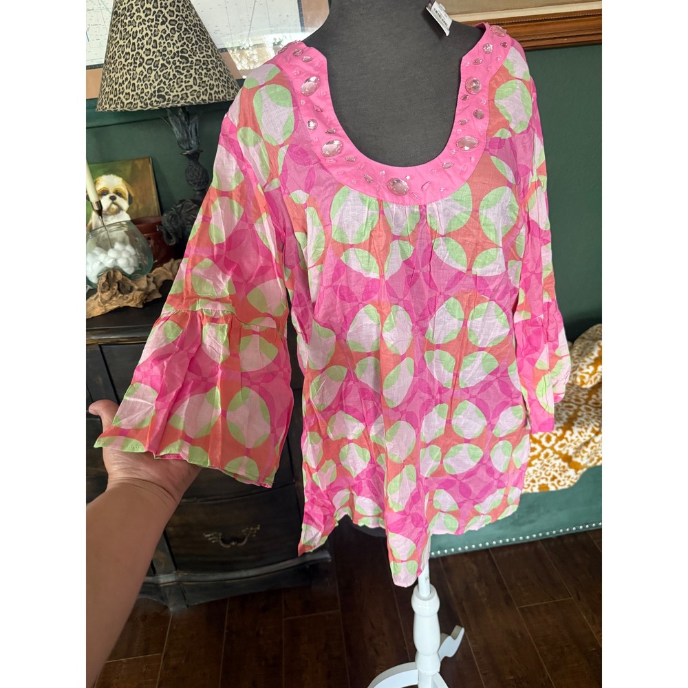 New York & Company Pink Jewel Neck Cottonโ Tunic Bell Sleeve Geometric Print L